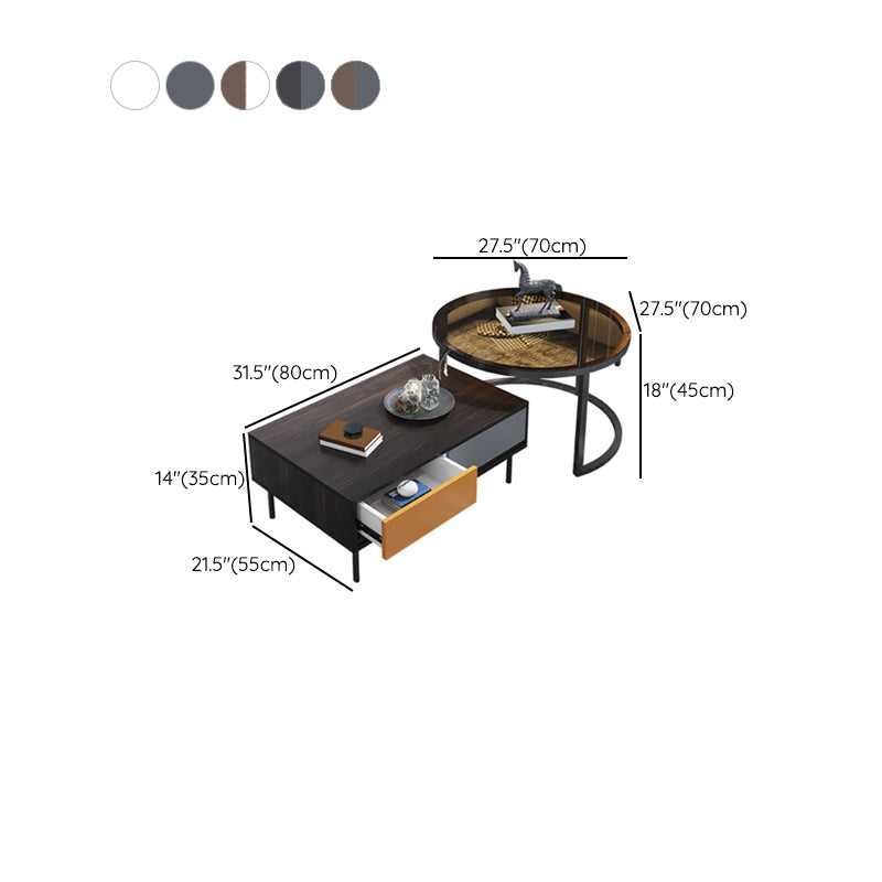 Modern 4 Legs Cocktail Table with 4 Drawers Glass & Wood 2 Nesting Coffee Table Set