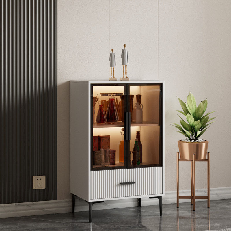 Contemporary Display Stand Glass Doors Faux Wood Storage Cabinet for Dining Room