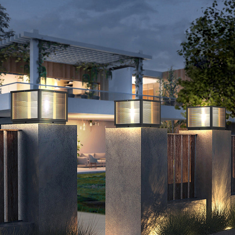 Geometric Shape Metal Solar Pillar Lamp Modern Style 1 Light Outdoor Lights in Black