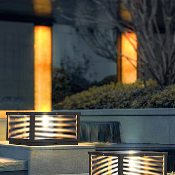 Geometric Shape Metal Solar Pillar Lamp Modern Style 1 Light Outdoor Lights in Black