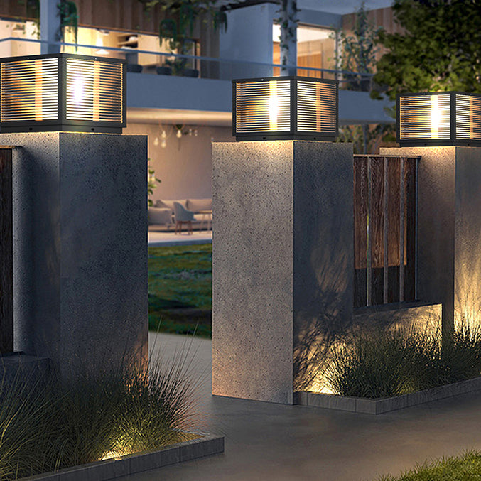 Geometric Shape Metal Solar Pillar Lamp Modern Style 1 Light Outdoor Lights in Black