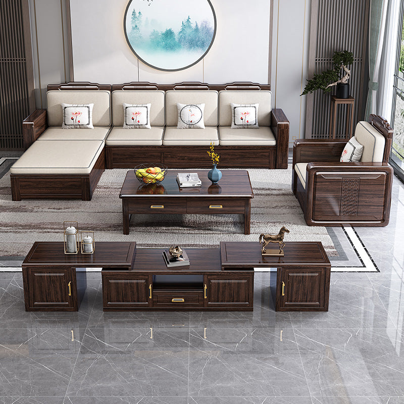 County Styled Solid Wood Frame Sofa in Brown Cotton Blend Sofa and Chaise