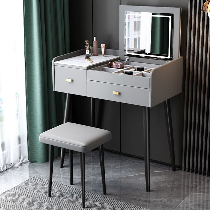 Flip Single Marble Vanity with Padded Stool Lighted Mirror Vanity Desk