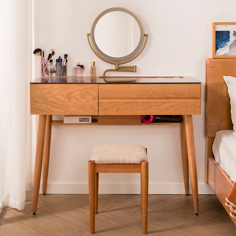 Wood and Glass Makeup Vanity Set With Mirror Standing Vanity Table