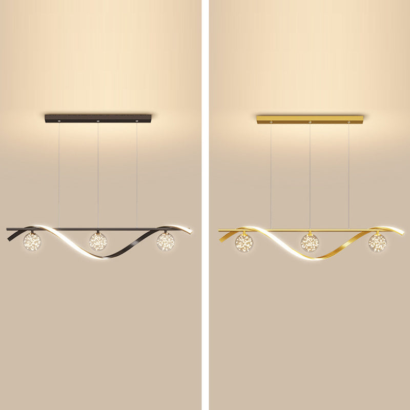 Modern LED Linear Ceiling Pendant in Black / Gold Metal and Glass Kitchen Island Light