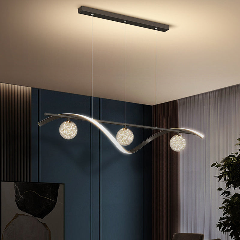 Modern LED Linear Ceiling Pendant in Black / Gold Metal and Glass Kitchen Island Light