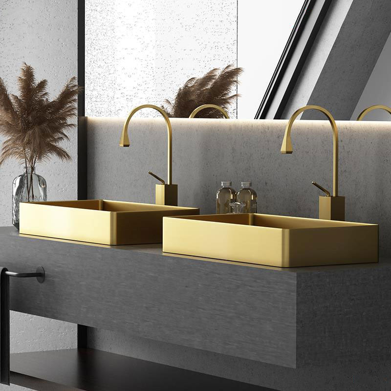 Modern Vessel Bathroom Sink Metal Rectangular with Faucet Vessel Lavatory Sink