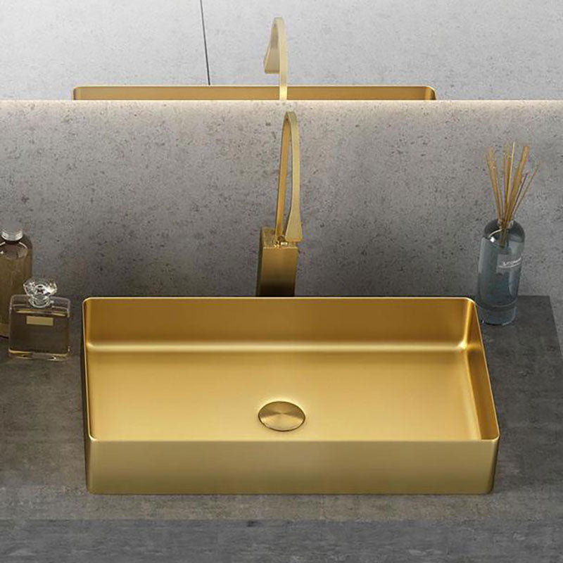 Modern Vessel Bathroom Sink Metal Rectangular with Faucet Vessel Lavatory Sink