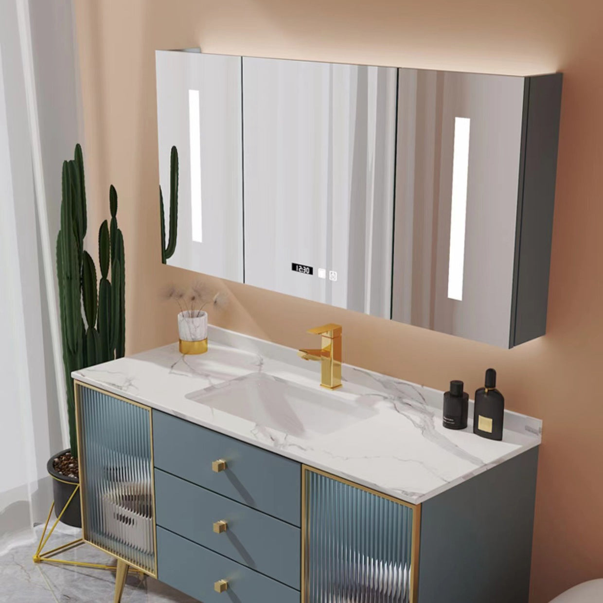 Freestanding Bathroom Vanity Blue Wood Frame Single Sink Rectangular Vanity with 3 Drawers