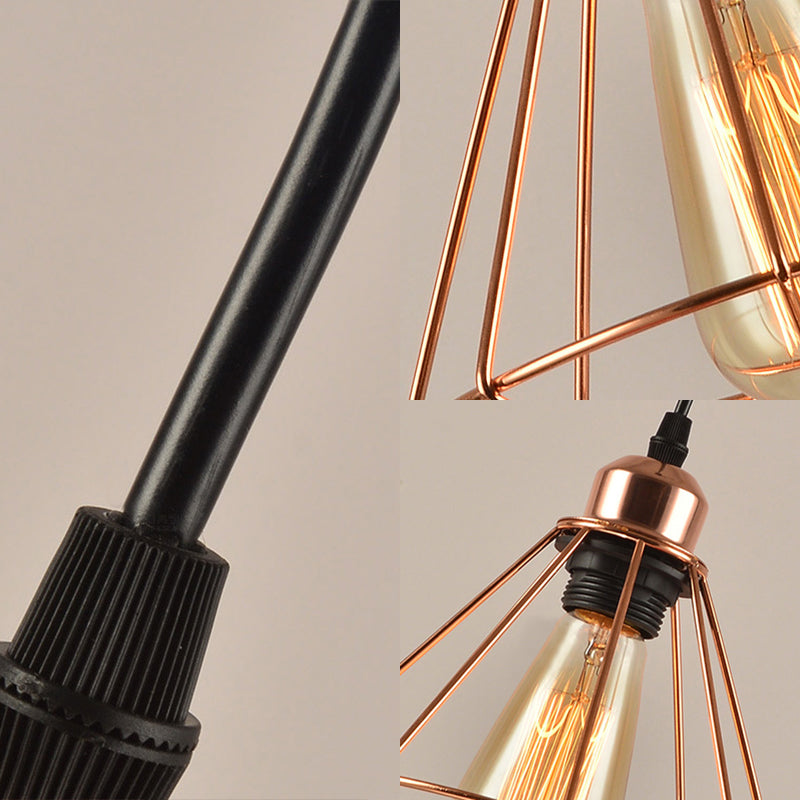3 Lights Metal Pendant Lamp Loft Style Polished Copper Diamond Caged Indoor Hanging Fixture in Black Finish