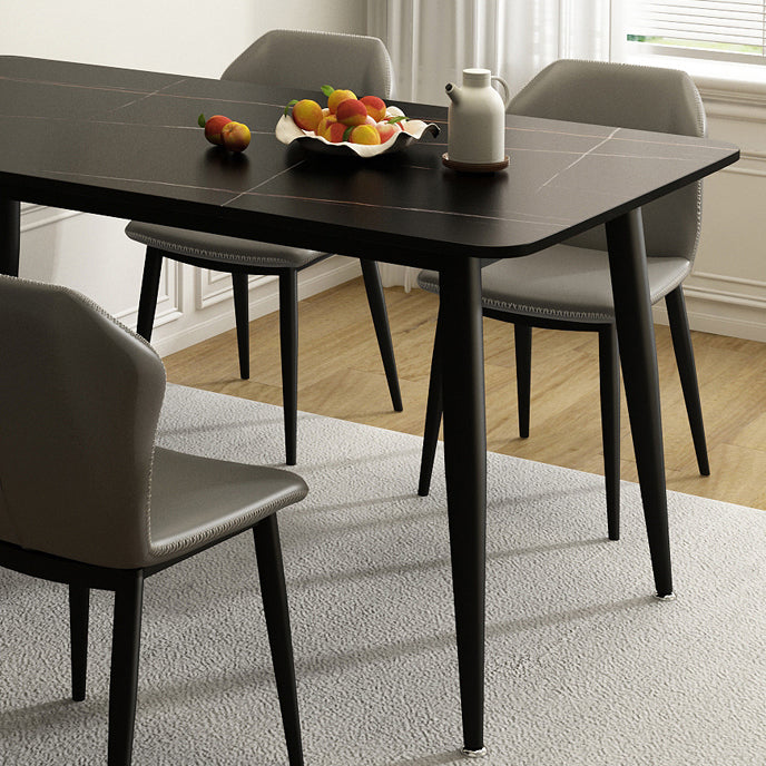Glam Style Rectangle Dining Table Stone Top Dining Table with Black Legs