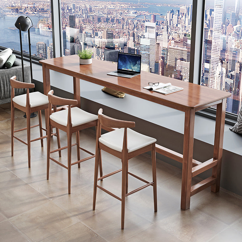 Modern Rectangle Bar Table Solid Wood Fixed Bistro Bar Desk with Footrest