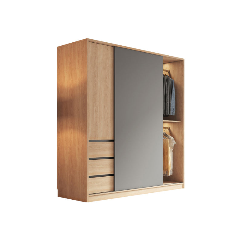 Bedroom Sliding Door Storage Cabinet Light Wood Finish Modern Cabinet with Drawers