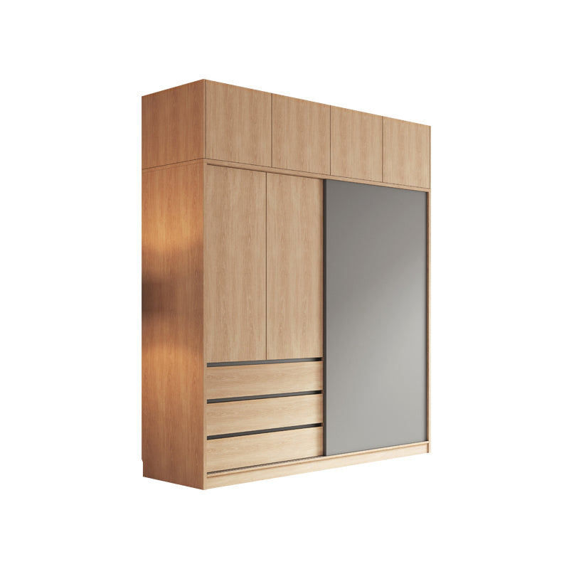 Bedroom Sliding Door Storage Cabinet Light Wood Finish Modern Cabinet with Drawers