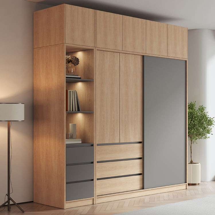 Bedroom Sliding Door Storage Cabinet Light Wood Finish Modern Cabinet with Drawers