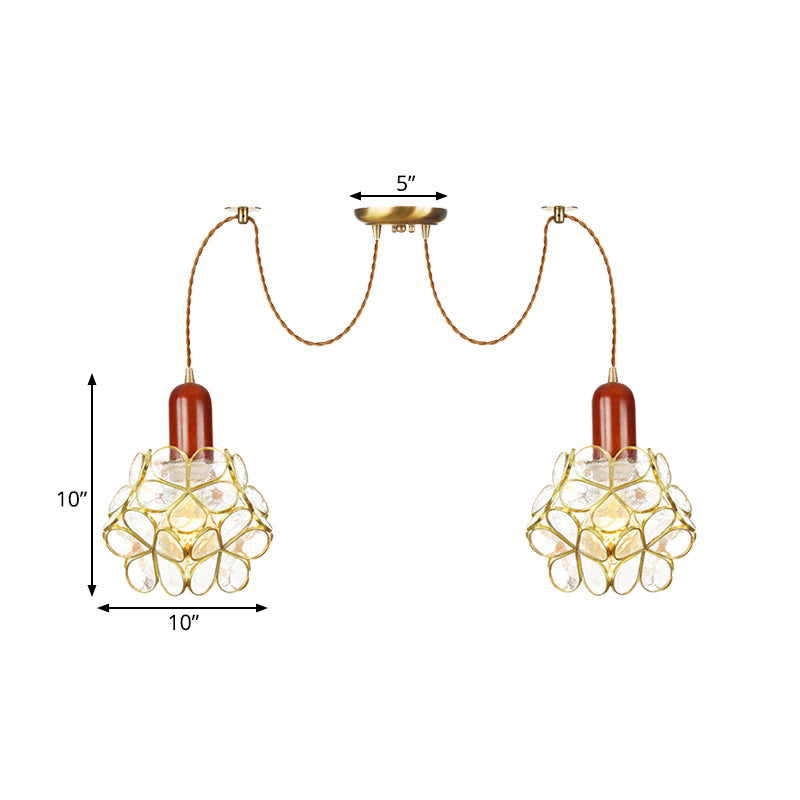 2/3/4-Head Clear Water Glass Pendant Light Traditional Gold Flower Bedroom Swag Multiple Hanging Lamp