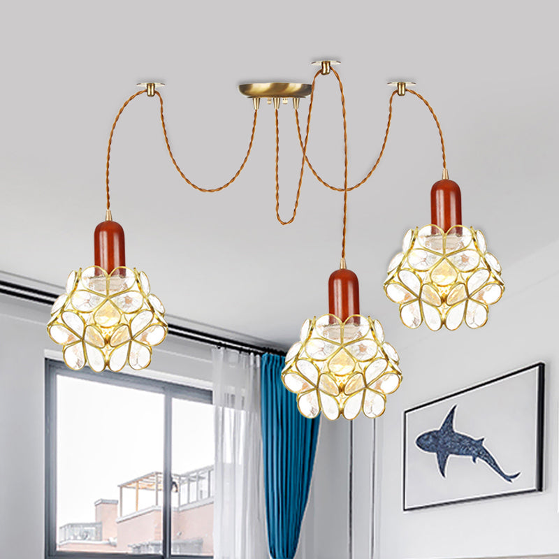 2/3/4-Head Clear Water Glass Pendant Light Traditional Gold Flower Bedroom Swag Multiple Hanging Lamp