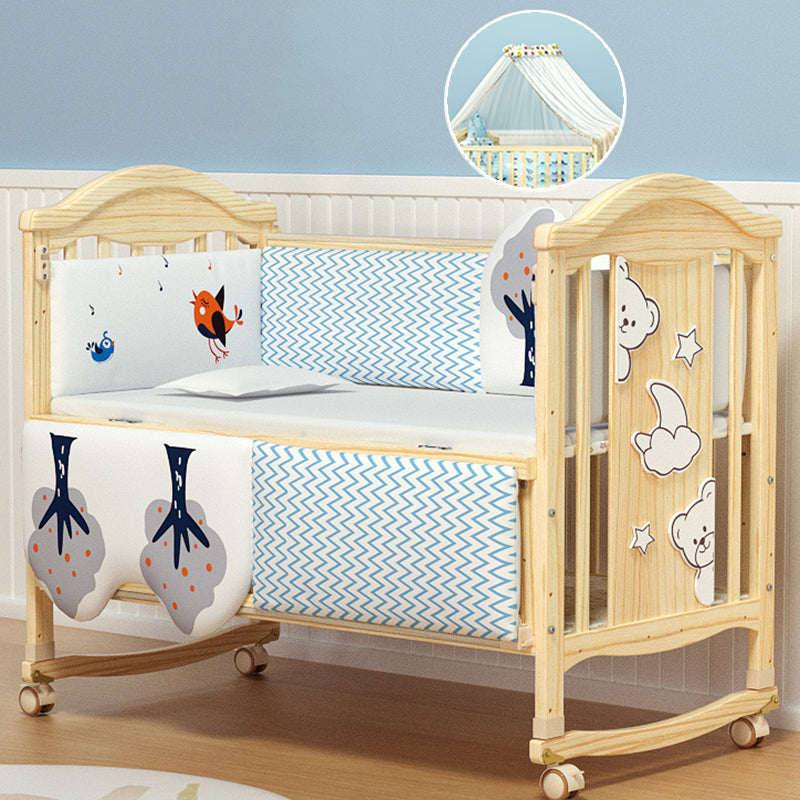 Pine Nursery Crib Scandinavian Baby Crib with with Guardrail and Mattress