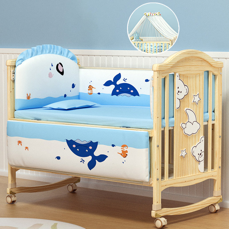 Pine Nursery Crib Scandinavian Baby Crib with with Guardrail and Mattress