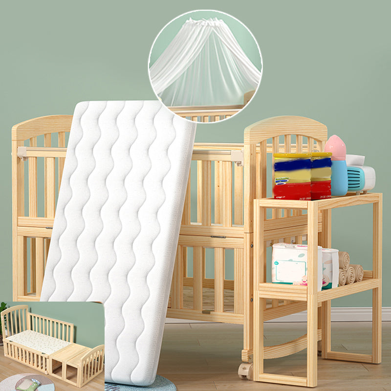 Solid Wood Convertible Crib in Natural Wooden Crib with Wheels and Storage