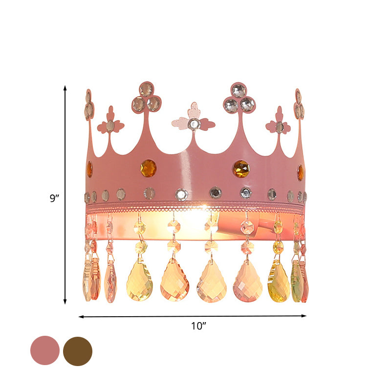 Crown Sconce Light Fixture Cartoon Iron LED Pink/Gold Wall Mount Light with Crystal Drop Deco