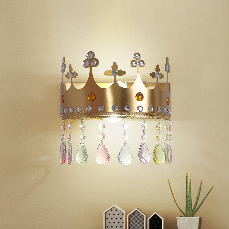 Crown Sconce Light Fixture Cartoon Iron LED Pink/Gold Wall Mount Light with Crystal Drop Deco