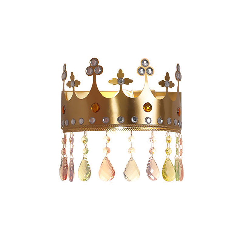 Crown Sconce Light Fixture Cartoon Iron LED Pink/Gold Wall Mount Light with Crystal Drop Deco