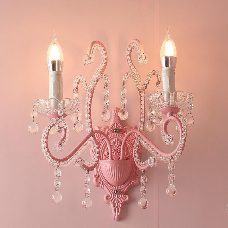 Metal Candle Wall Light Sconce Cartoon 1/2-Bulb Pink Finish Wall Lamp with Crystal Deco for Girls Bedside