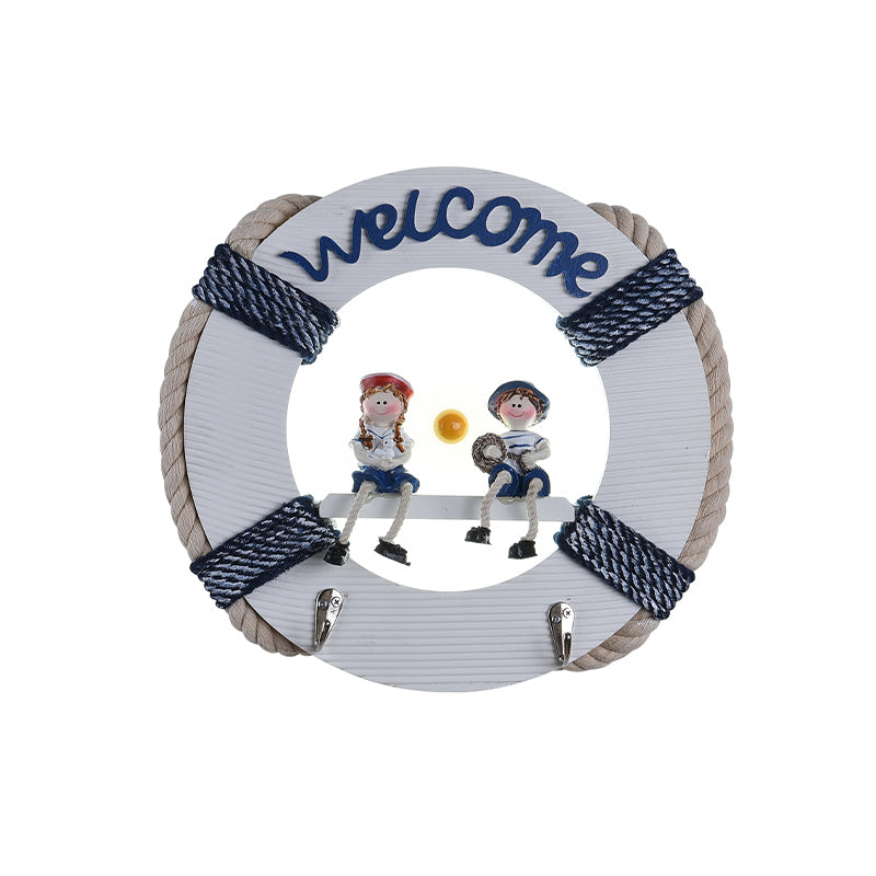 Life Buoy Wood Sconce Light Fixture Cartoon LED White Wall Mount Lamp in White/3 Color Light