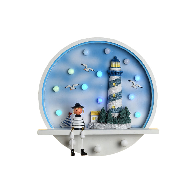 Wood Lighthouse Wall Sconce Kids LED Round Wall Lighting in White and Blue, White/3 Color Light