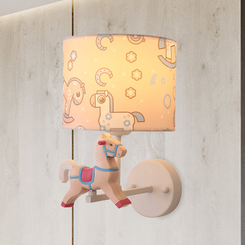 Trojan Horse Shape Wall Light Sconce Cartoon Resin 1 Light LED Pink/Blue Wall Lamp with Drum Fabric Shade