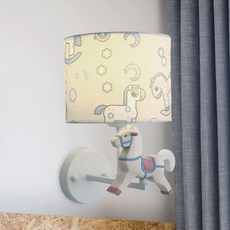 Trojan Horse Shape Wall Light Sconce Cartoon Resin 1 Light LED Pink/Blue Wall Lamp with Drum Fabric Shade