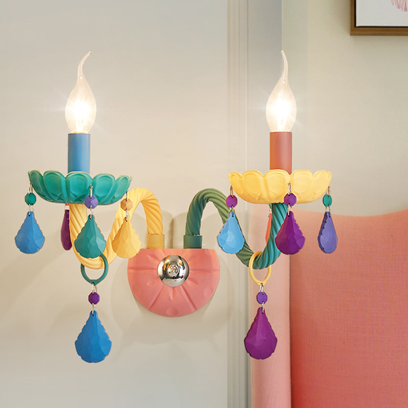 Cartoon Candle Wall Light Fixture Crystal 1/2-Bulb Bedside Wall Sconce in Pink with Droplet Deco