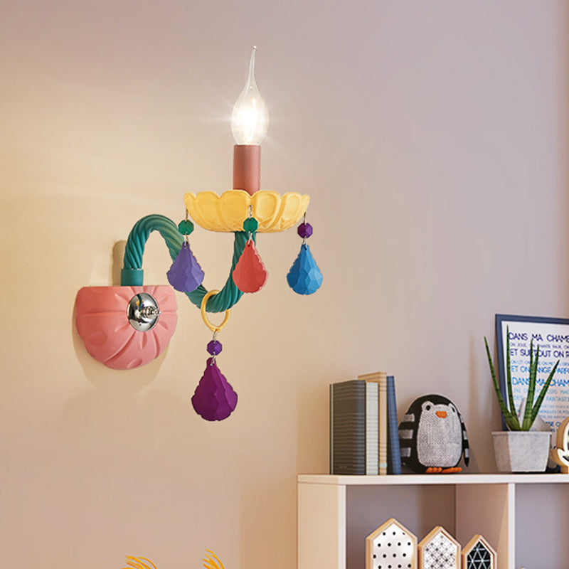Cartoon Candle Wall Light Fixture Crystal 1/2-Bulb Bedside Wall Sconce in Pink with Droplet Deco