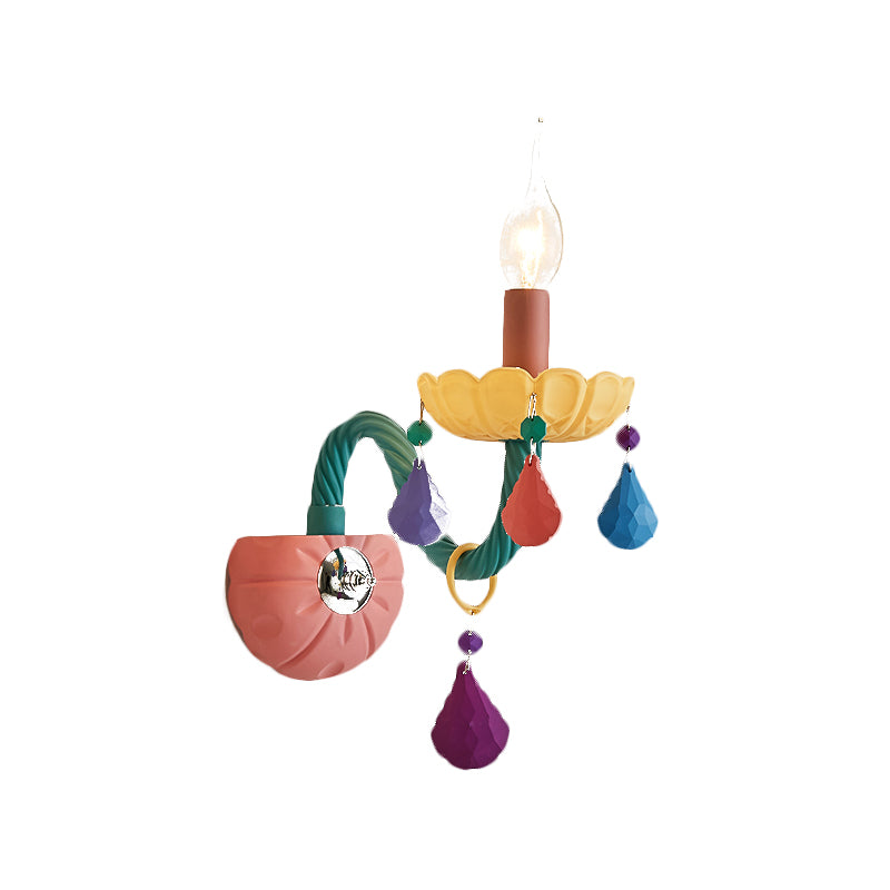 Cartoon Candle Wall Light Fixture Crystal 1/2-Bulb Bedside Wall Sconce in Pink with Droplet Deco