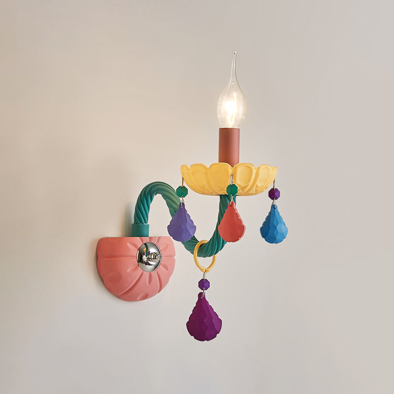 Cartoon Candle Wall Light Fixture Crystal 1/2-Bulb Bedside Wall Sconce in Pink with Droplet Deco