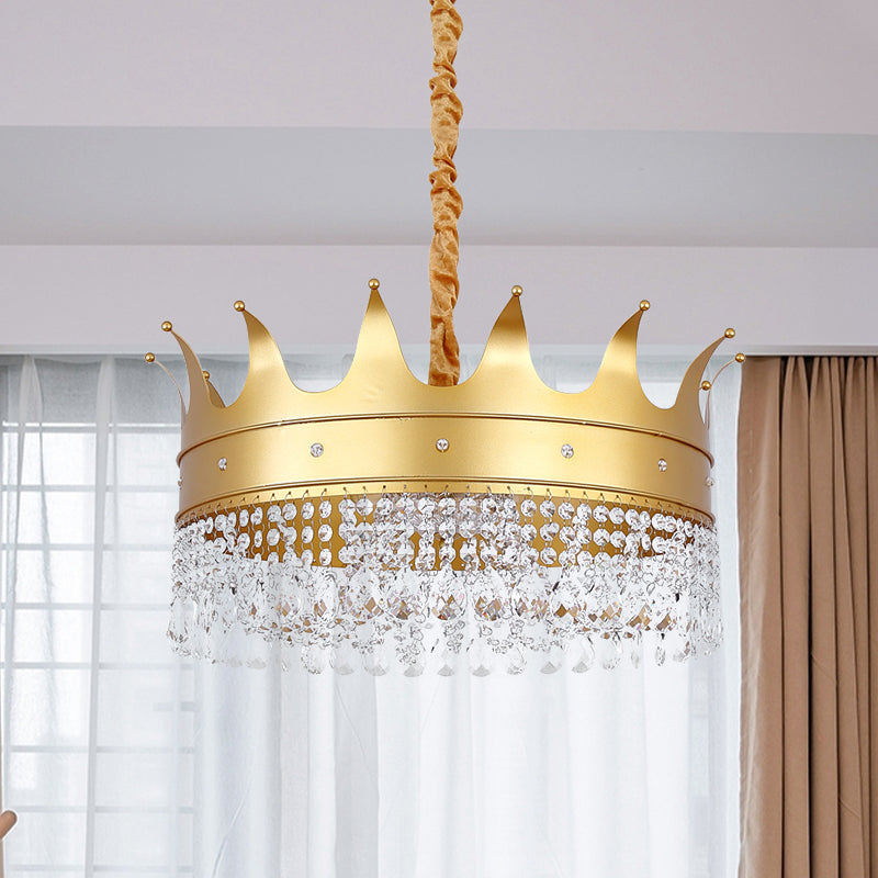 Gold Finish Crown-Like Ceiling Chandelier Kids 2/4/5 Bulbs Metal Suspension Light with Crystal Accent