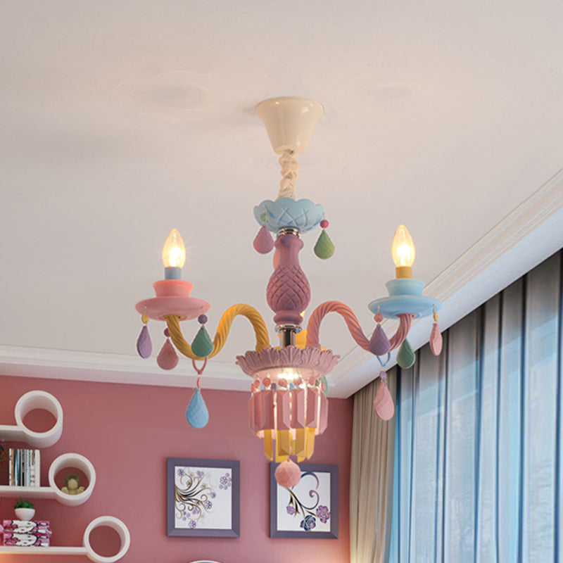 Chandelier de bougie pour enfants Crystal Crystal 3/5/6 Bulb Girls Chambre Pendante Éclairage en rose avec un bras incurvé