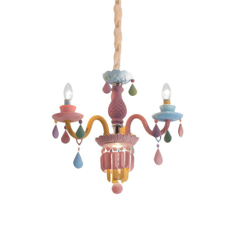 Kids Candle Ceiling Chandelier Crystal 3/5/6-Bulb Girls Bedroom Pendant Lighting in Pink with Curved Arm
