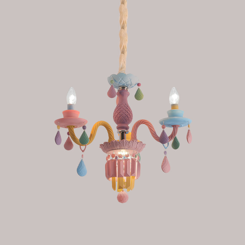 Chandelier de bougie pour enfants Crystal Crystal 3/5/6 Bulb Girls Chambre Pendante Éclairage en rose avec un bras incurvé