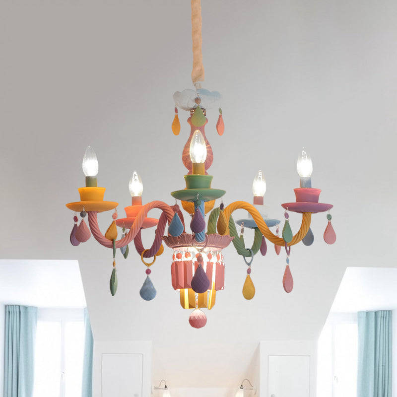 Kids Candle Ceiling Chandelier Crystal 3/5/6-Bulb Girls Bedroom Pendant Lighting in Pink with Curved Arm