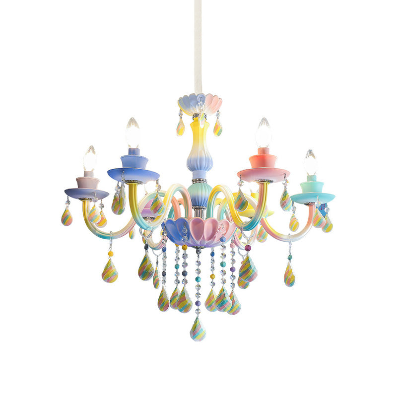 Curvy Arm Pendant Chandelier Kids Crystal 6 Heads Blue Hanging Light Kit with Candle Design