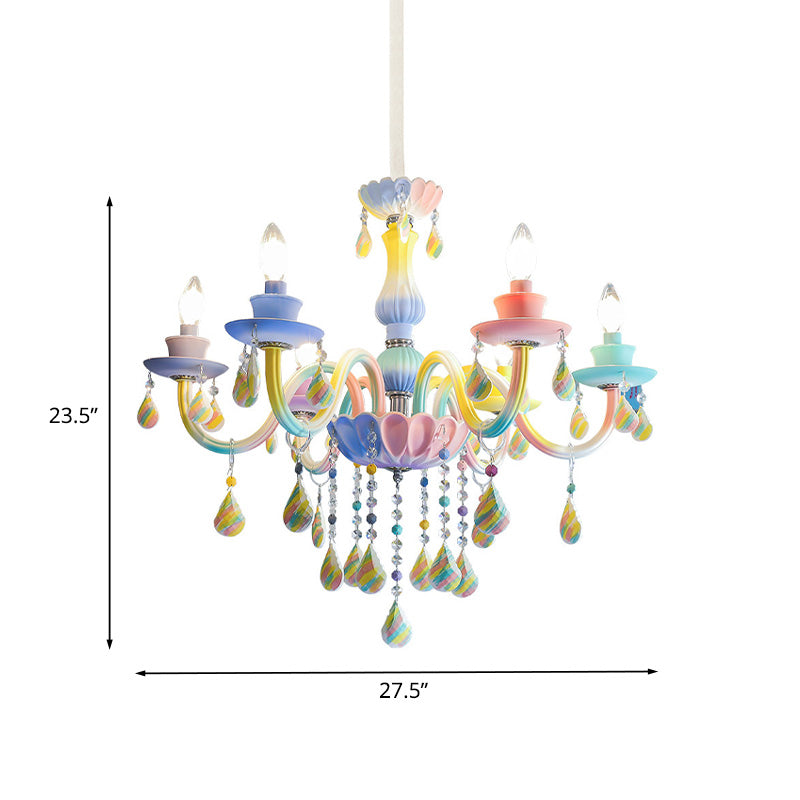 Curvy Arm Pendant Chandelier Kids Crystal 6 Heads Blue Hanging Light Kit avec conception de bougies