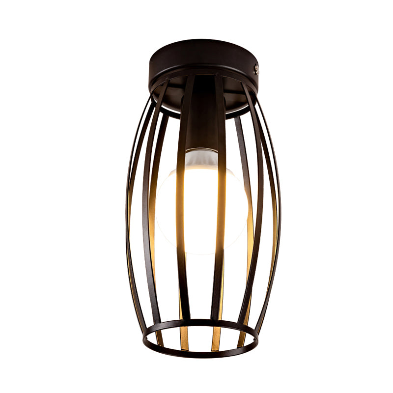 Black/Gold Finish Oval Cage Flush Mount Fixture Minimalist 1 Bulb Iron Flush Ceiling Lamp for Hallway
