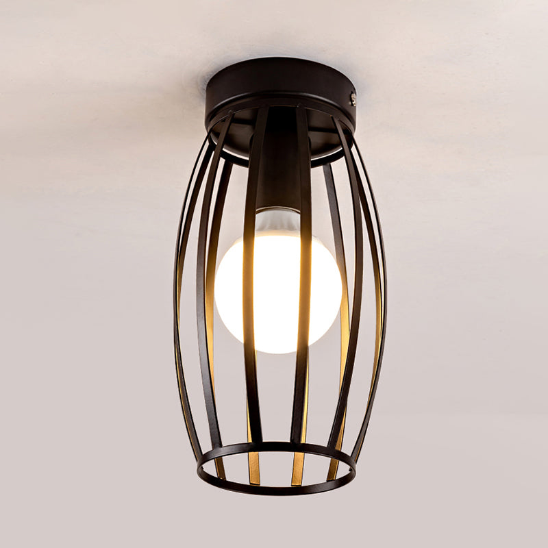 Black/Gold Finish Oval Cage Flush Mount Fixture Minimalist 1 Bulb Iron Flush Ceiling Lamp for Hallway