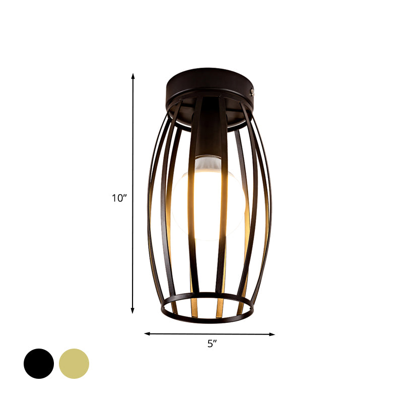 Black/Gold Finish Oval Cage Flush Mount Fixture Minimalist 1 Bulb Iron Flush Ceiling Lamp for Hallway