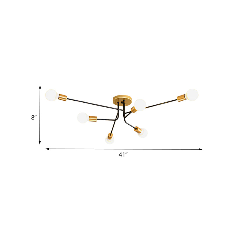 Sputnik Linear Semi Flush Mount Modernist Metal 6 Bulbs Gold and Black Finish Close to Ceiling Light