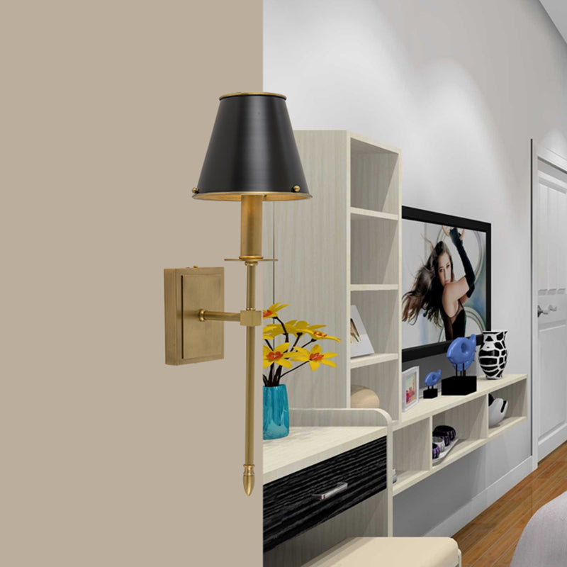 Post Modern Barrel Wall Lighting Metal 1 Light Corner Sconce in Black and Brass with Pencil Arm