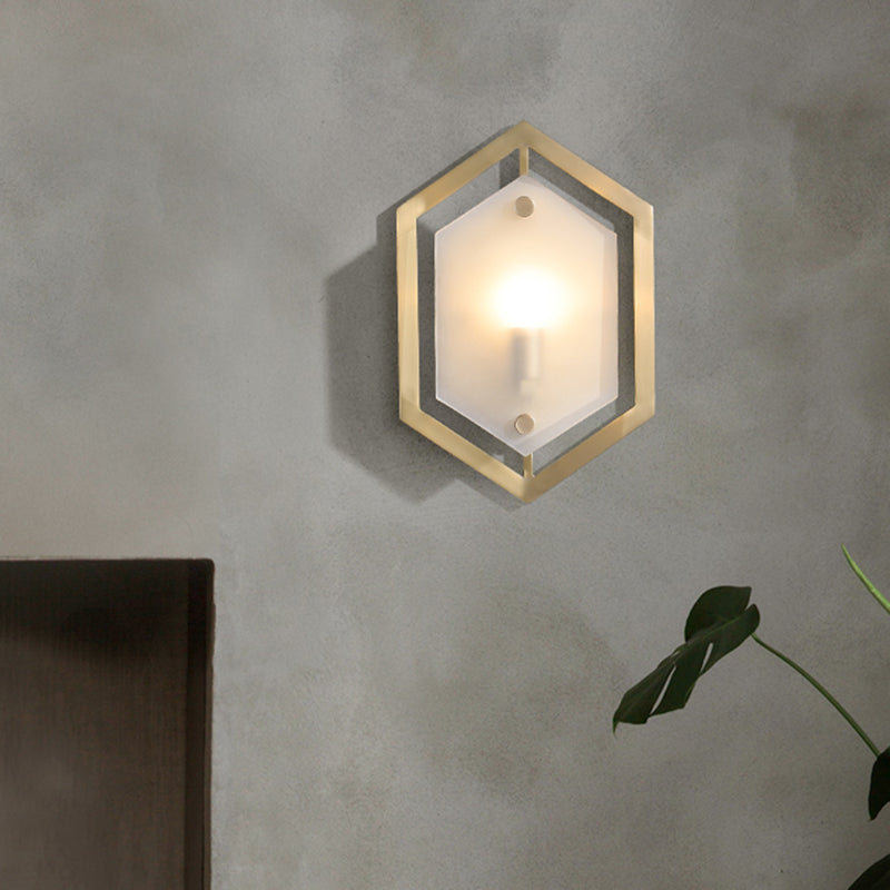 Hexagon Sconce Lighting Postmodern Metallic 1-Bulb Brass Wall Lamp Fixture with Translucent Glass Shade