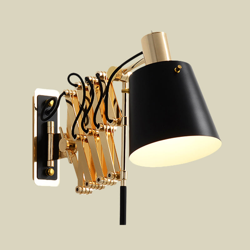 Expansion Arm Wall Mount Light Post Modern Metallic Gold 1-Head Sconce Lamp with Black Barrel Shade